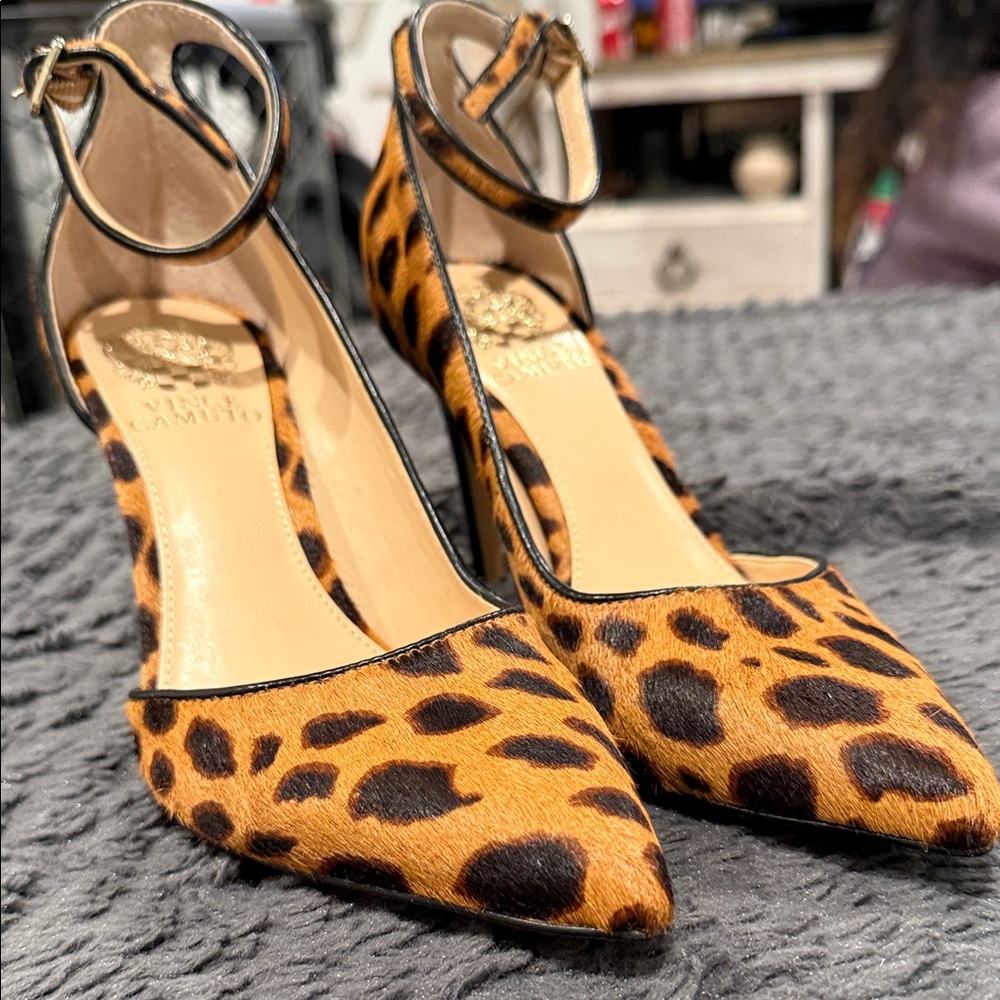 Vince Camuto Leopard Print Heels with Ankle Strap